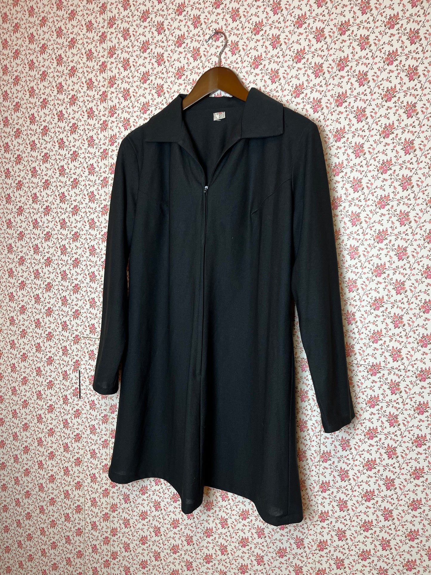 Vintage 1970s Black Collared Zip Up Mini Swing Dress