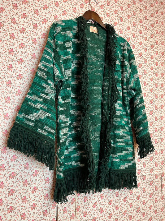 Vintage 1970s Green Tassel Knit Cardigan