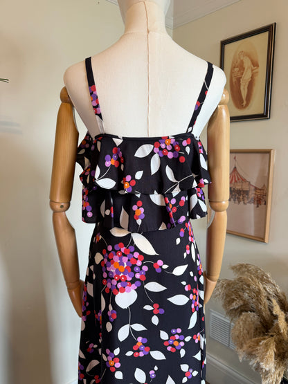Vintage 1970s Berry Bloom Ruffled Maxi Dress - Size X Small/Small