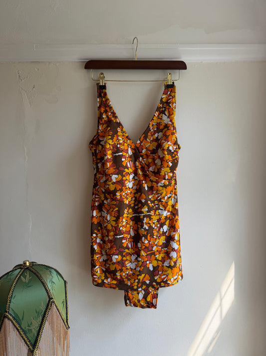 Vintage 1970s Brown Floral Swimdress