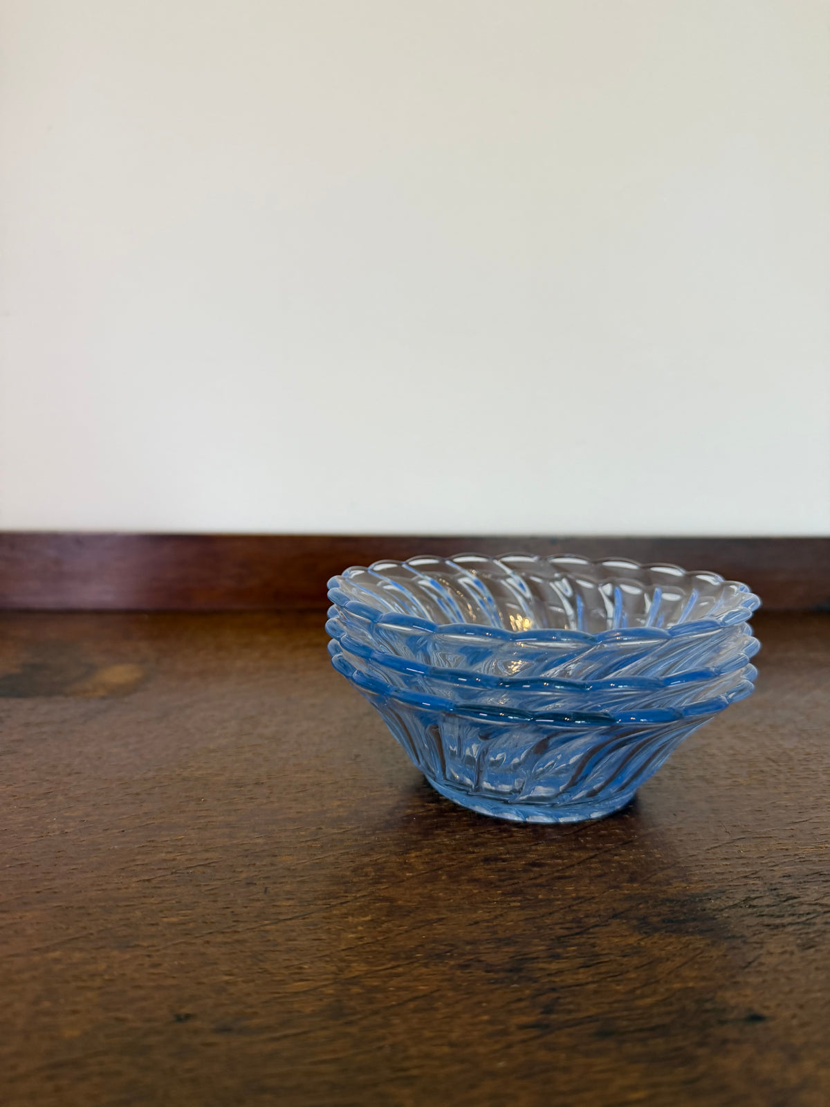 Vintage Set of Three Blue Glass Swirl Pattern Dessert Bowls