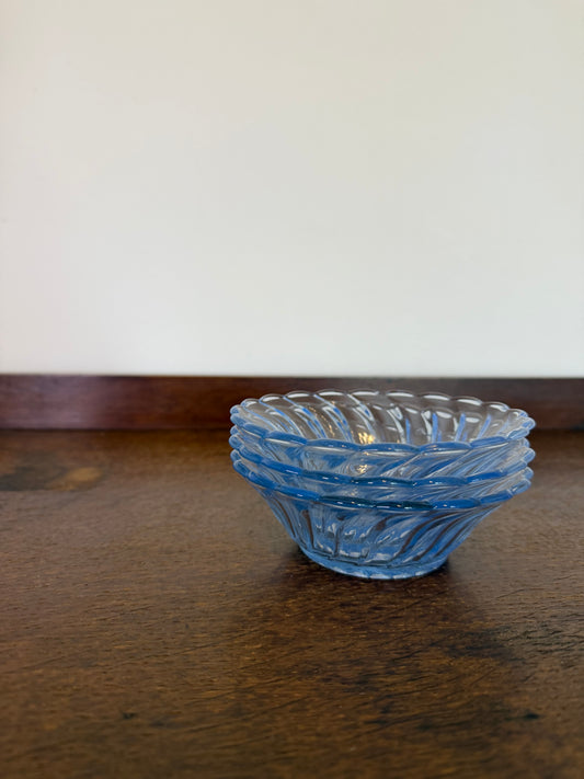 Vintage Set of Three Blue Glass Swirl Pattern Dessert Bowls