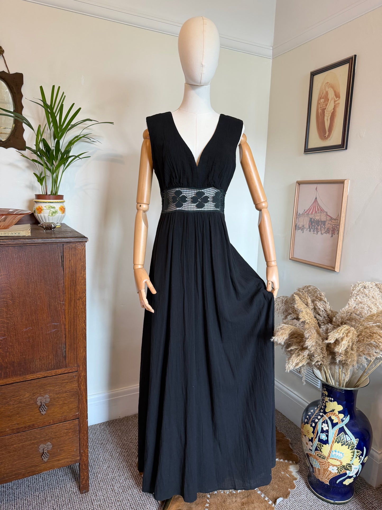 Vintage 1970s Black Cotton Cheesecloth Maxi Dress with Crochet Waist Detail