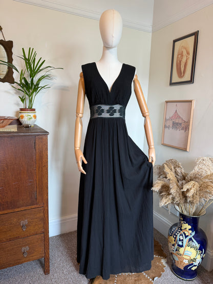Vintage 1970s Black Cotton Cheesecloth Maxi Dress with Crochet Waist Detail