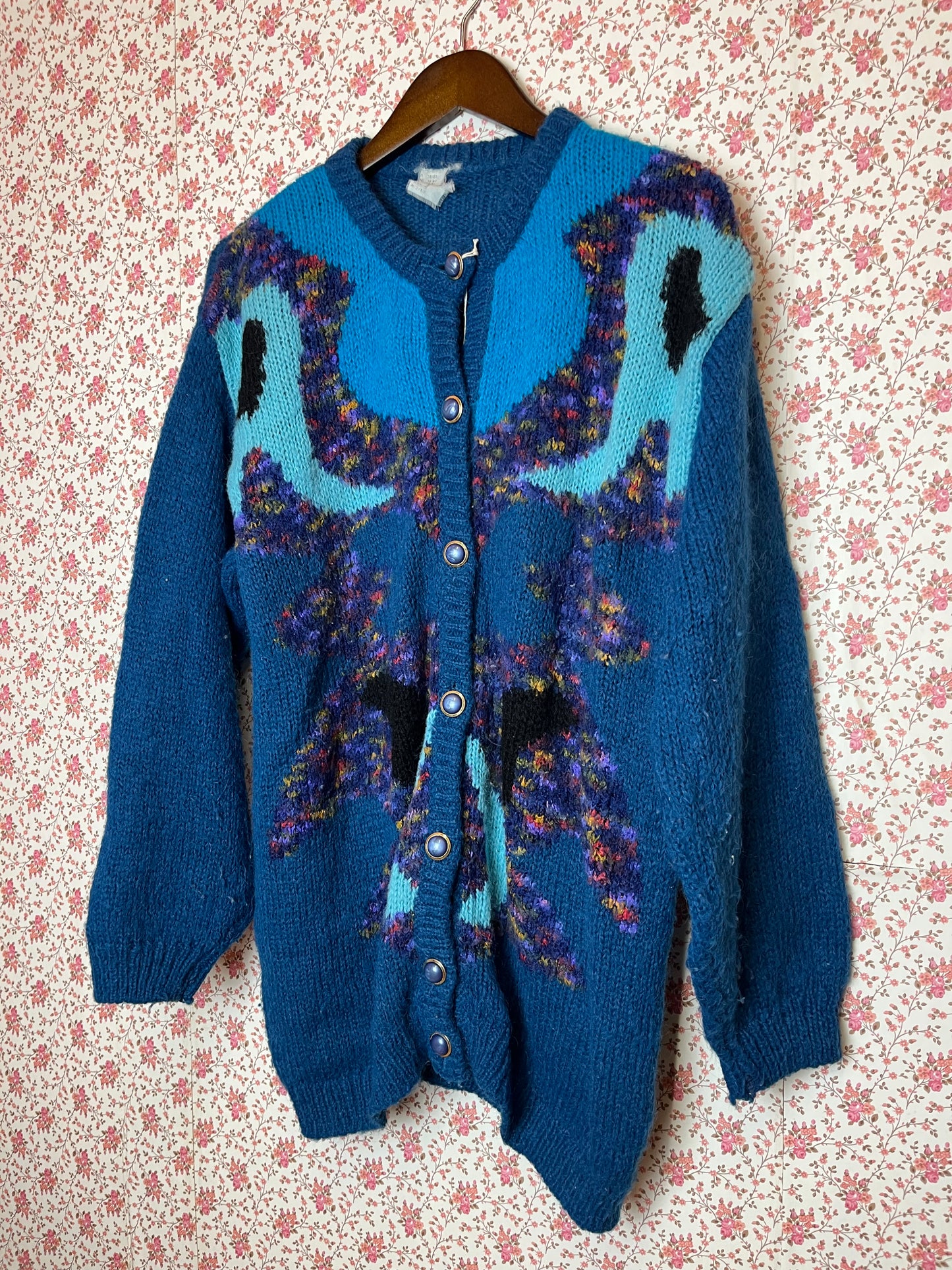 Vintage 1980s Abstract Pattern Blue and Multi Colour Knitted Cardigan