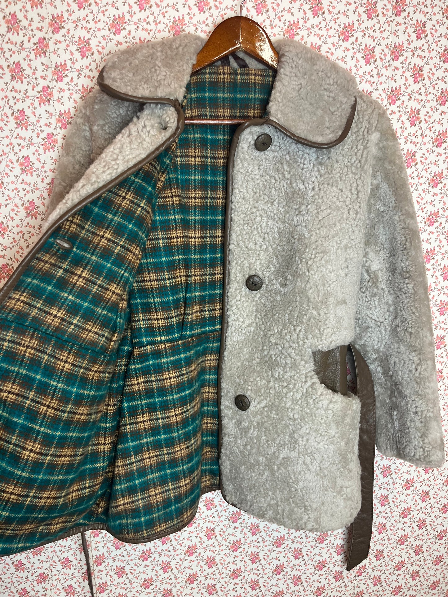 Vintage 1970s Shearling Teddy Bear Coat with Leather