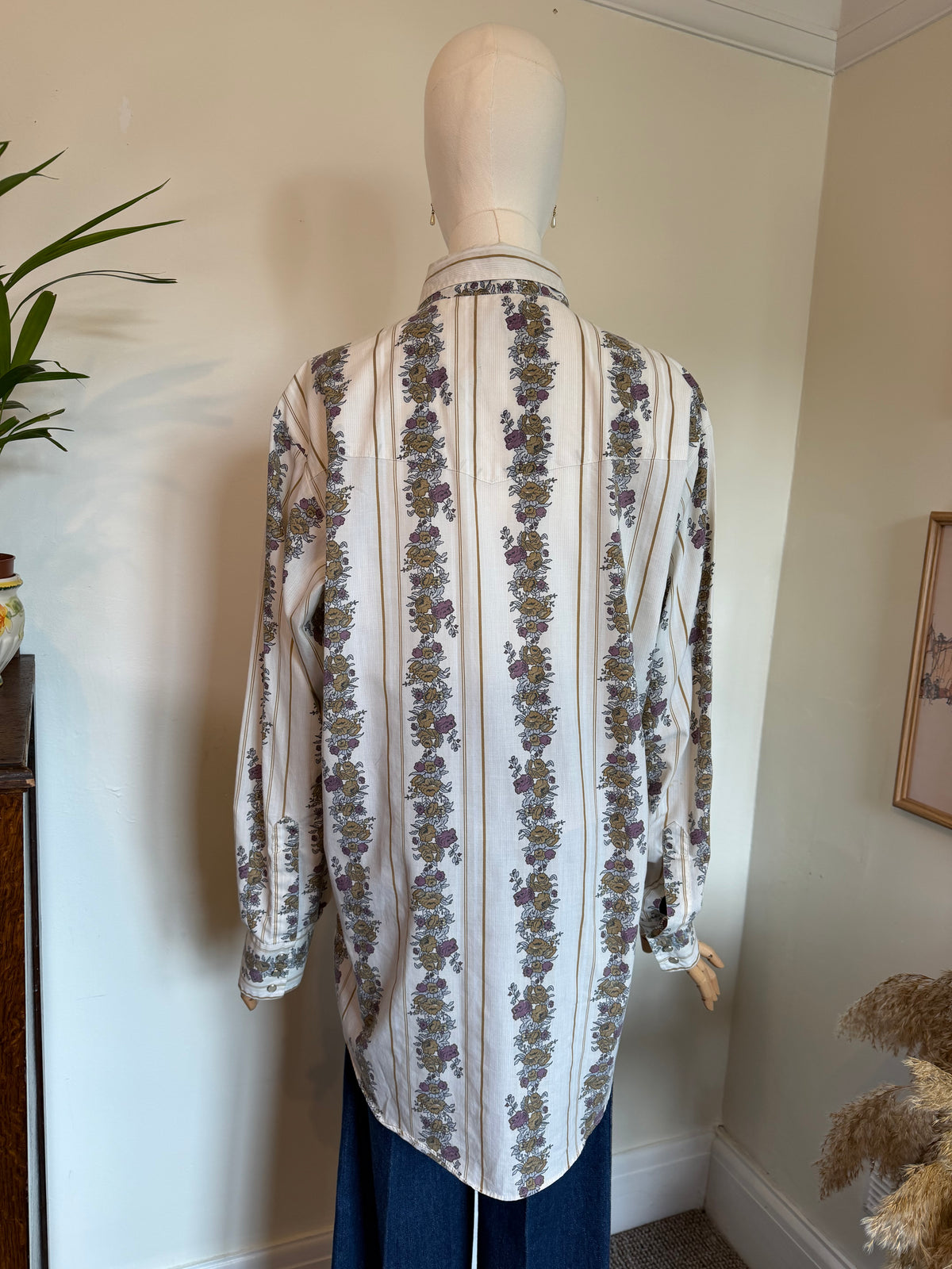 Vintage 1970s Western Floral Stripe Long Sleeve Shirt - Size X Large