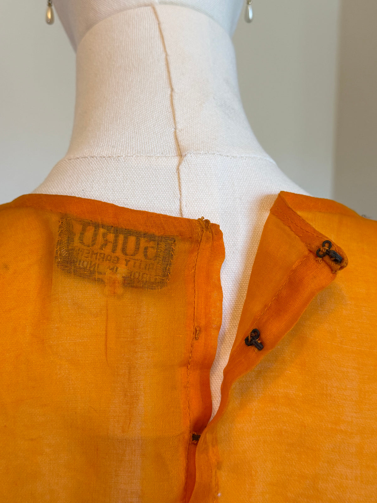 Vintage 1970s Orange Sheer Cotton Floral Embroidered Blouse - Size Medium