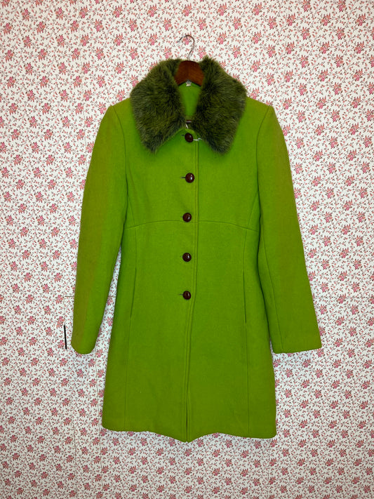 Vintage Lime Green Tailored Wool Blend Coat with Removable Fur Collar