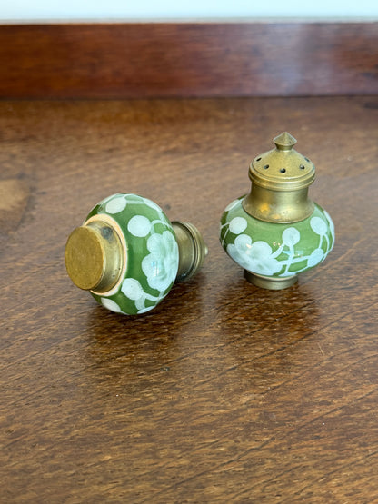 Vintage 1970s Hand Painted Thai Green Floral Ceramic Condiment Set