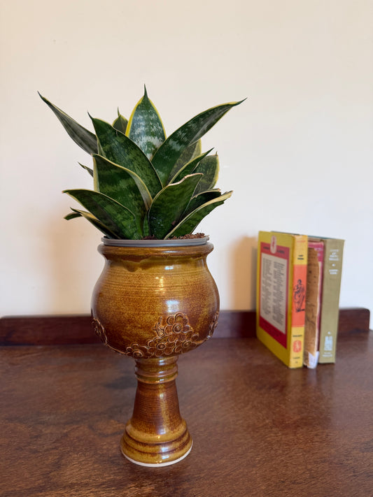 Vintage Stoneware Pedestal Planter with Relief Flowers