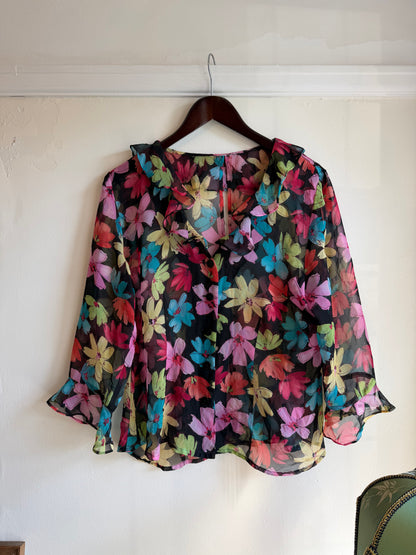 Vintage 1980s Floral Sheer Ruffle Blouse - Size Large