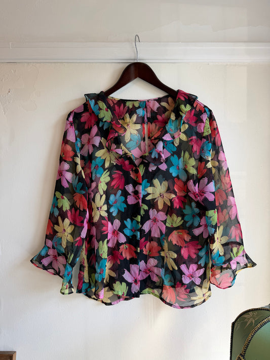Vintage 1980s Floral Sheer Ruffle Blouse - Size Large