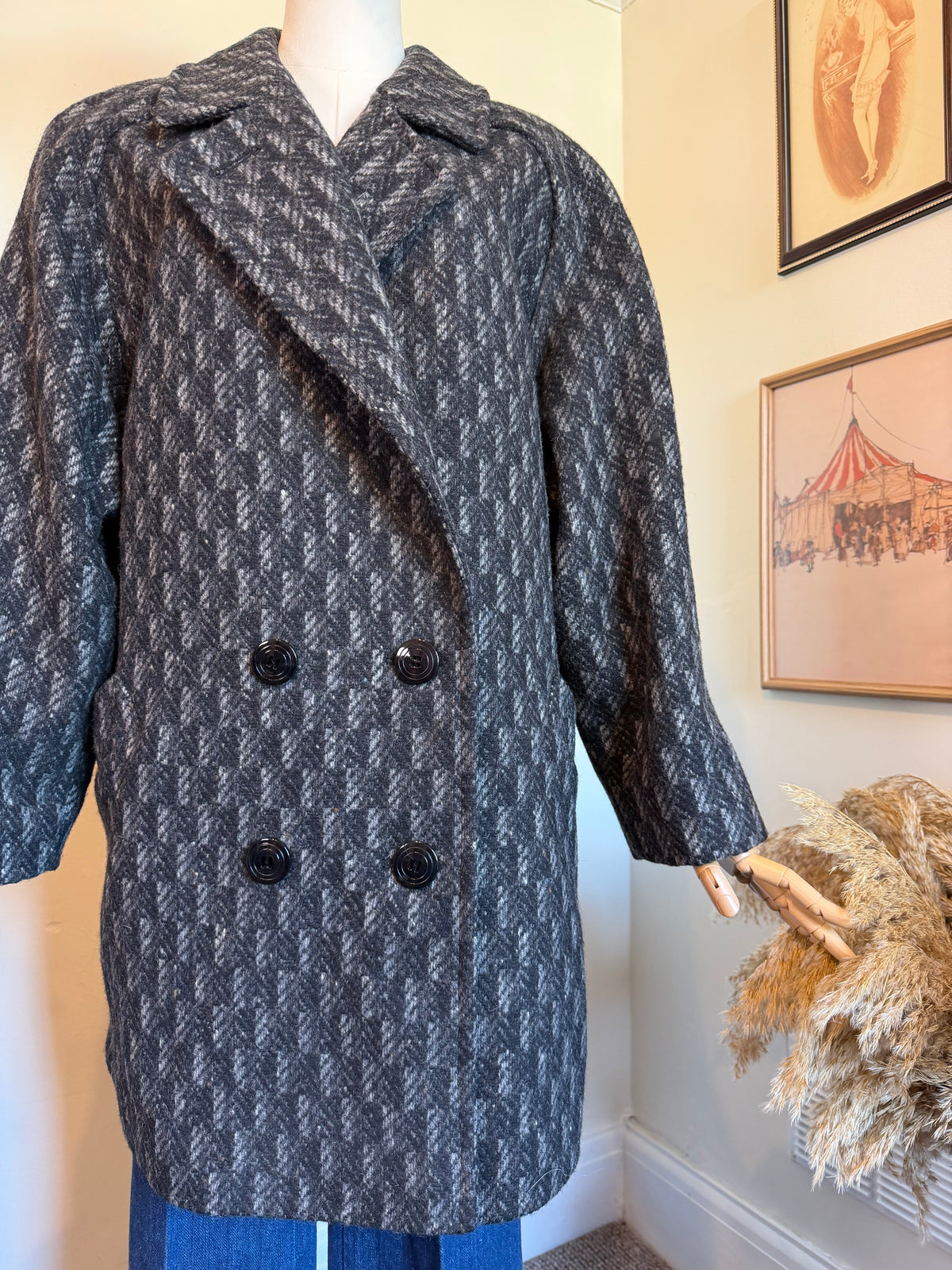 Vintage 1980s St Michael Pure New Wool Grey Herringbone Double Breasted Coat - Size X Large