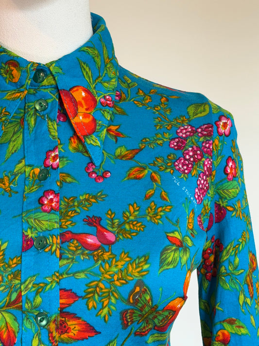 Vintage 1970s TGL Stockholm Turquoise Botanical Print Shirt - Size Small
