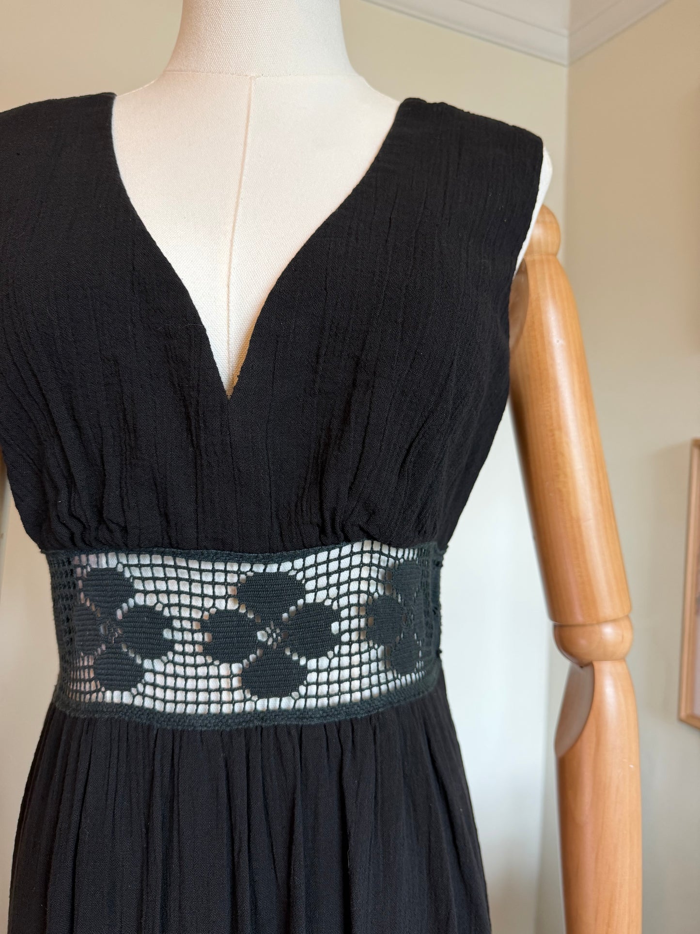 Vintage 1970s Black Cotton Cheesecloth Maxi Dress with Crochet Waist Detail