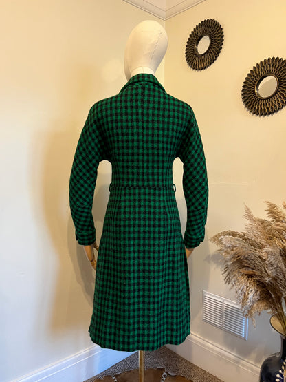 Vintage 1950s Green & Black Checked Wool Coat