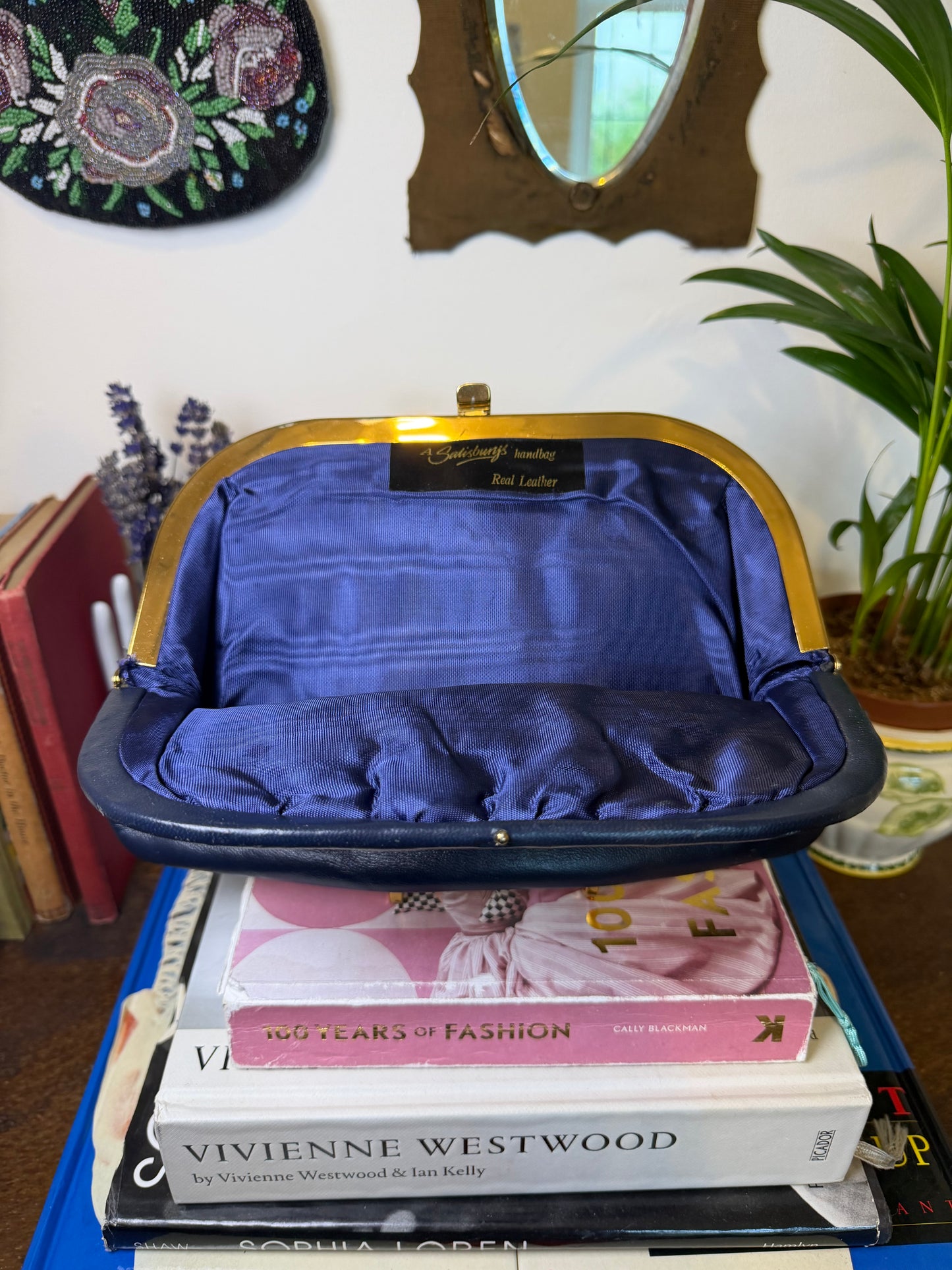 Vintage 1950s Hand Painted Navy Leather Clutch Bag