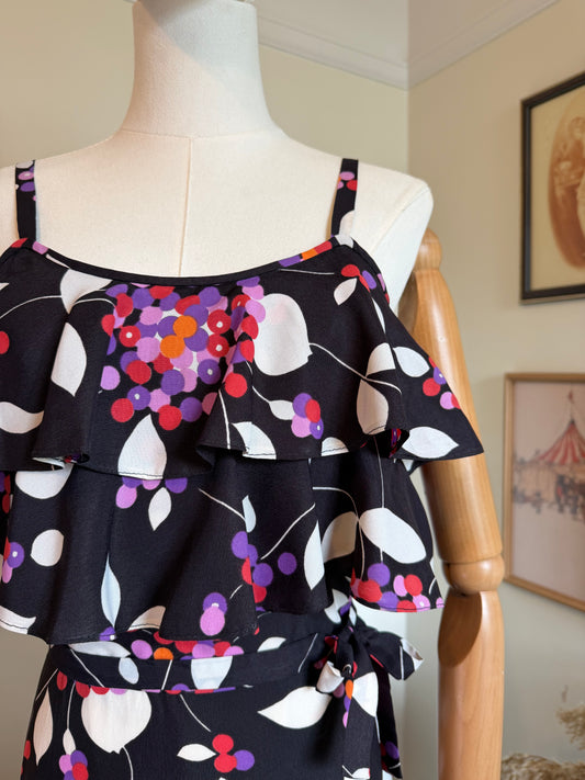 Vintage 1970s Berry Bloom Ruffled Maxi Dress - Size X Small/Small