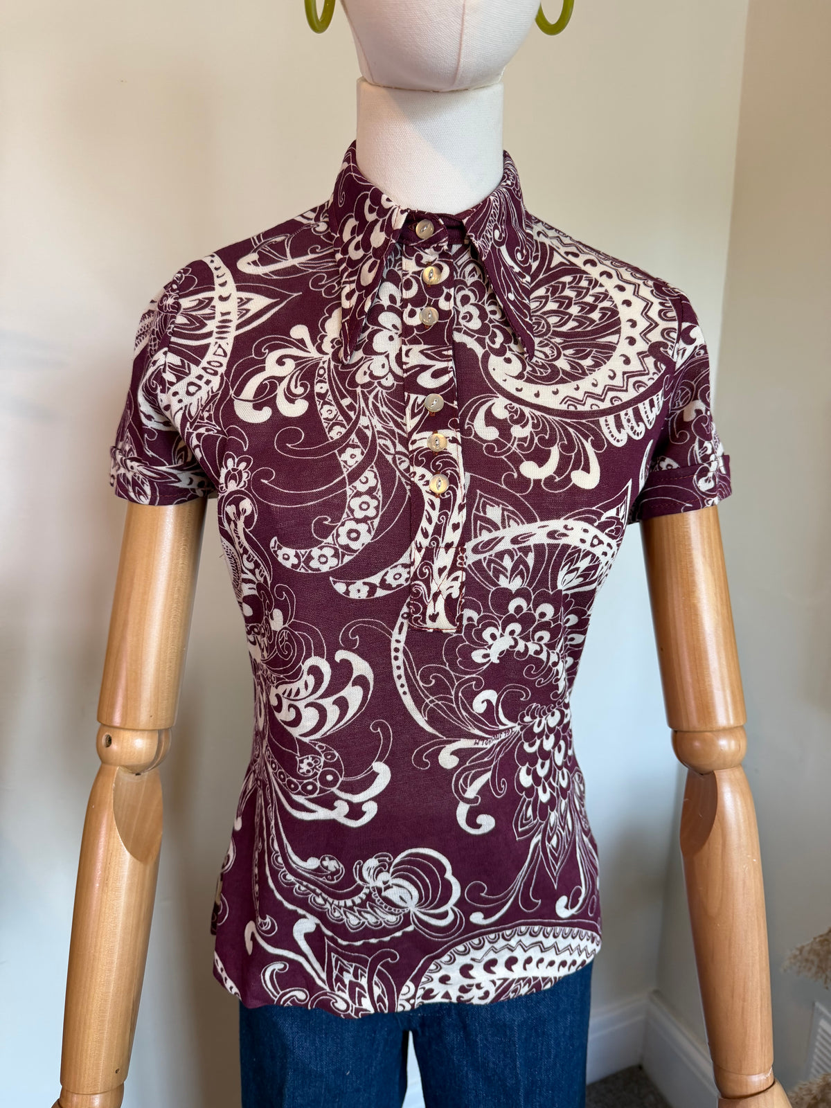 Vintage 1970s Burgundy Paisley Short Sleeve Blouse - Size Small
