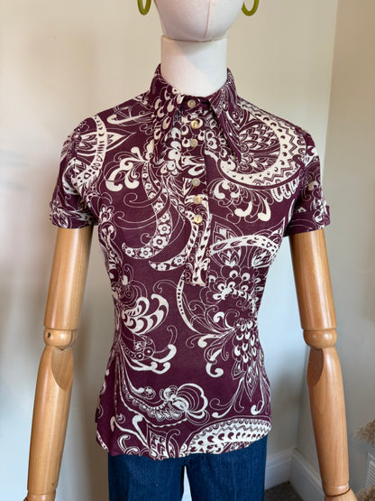 Vintage 1970s Burgundy Paisley Short Sleeve Blouse - Size Small