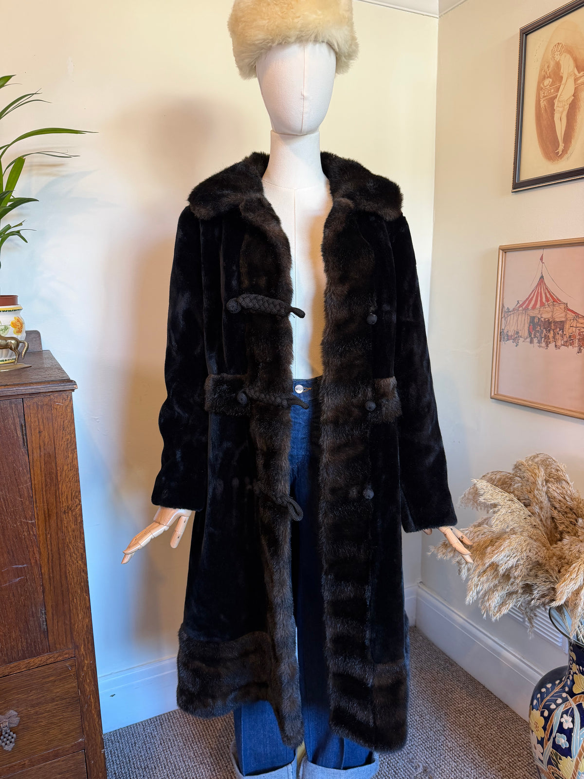 Vintage 1970s Dark Brown Faux Fur Trim Coat - Size Medium