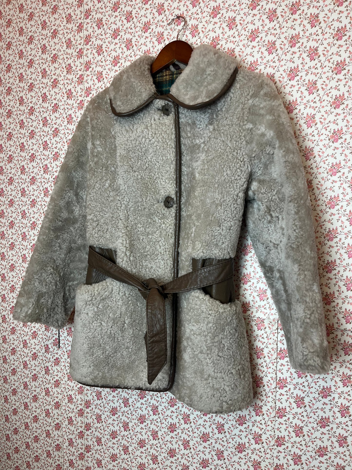 Vintage 1970s Shearling Teddy Bear Coat with Leather