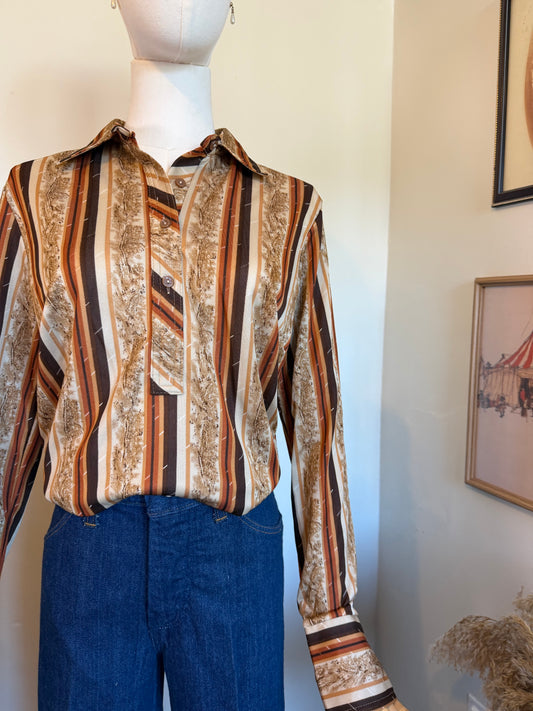 Vintage 1970s Brown Striped Long Sleeve Blouse - Size Medium