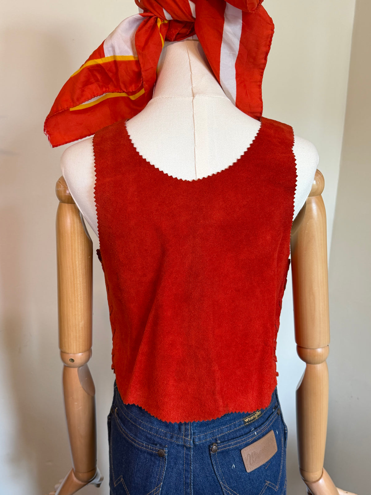 Vintage 1970s Red Suede Patchwork Sleeveless Top - Size Medium