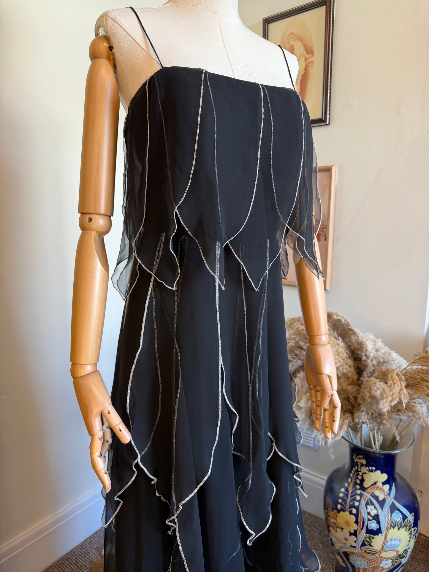 Vintage 1970s Vera Mont Black & Silver Handkerchief Dress - Size Small