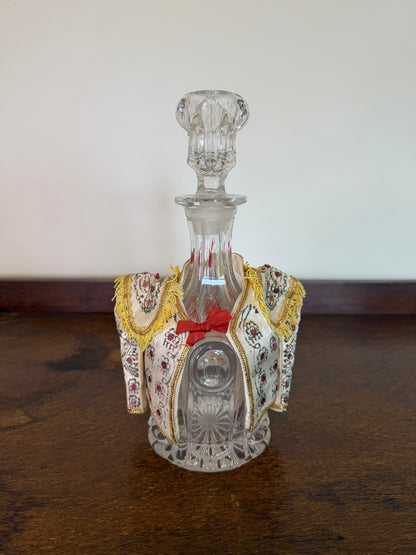 Vintage Crystal Glass Decanter with Embroidered Spanish Bottle Cover