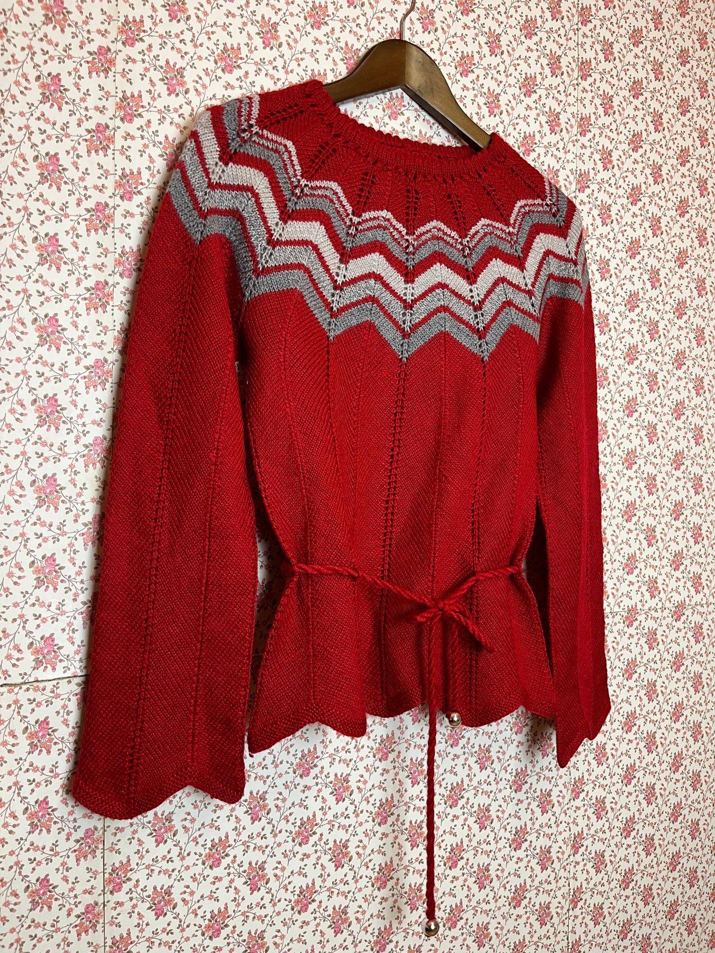 Stunning Vintage 1970s Hand Knitted Red Jumper with Zig Zag and Tie Up