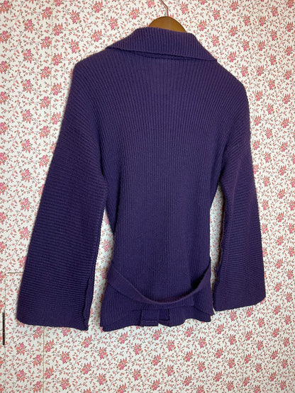 Vintage 1970s Wahls Knitted Ribbed Purple Cardigan with Tie