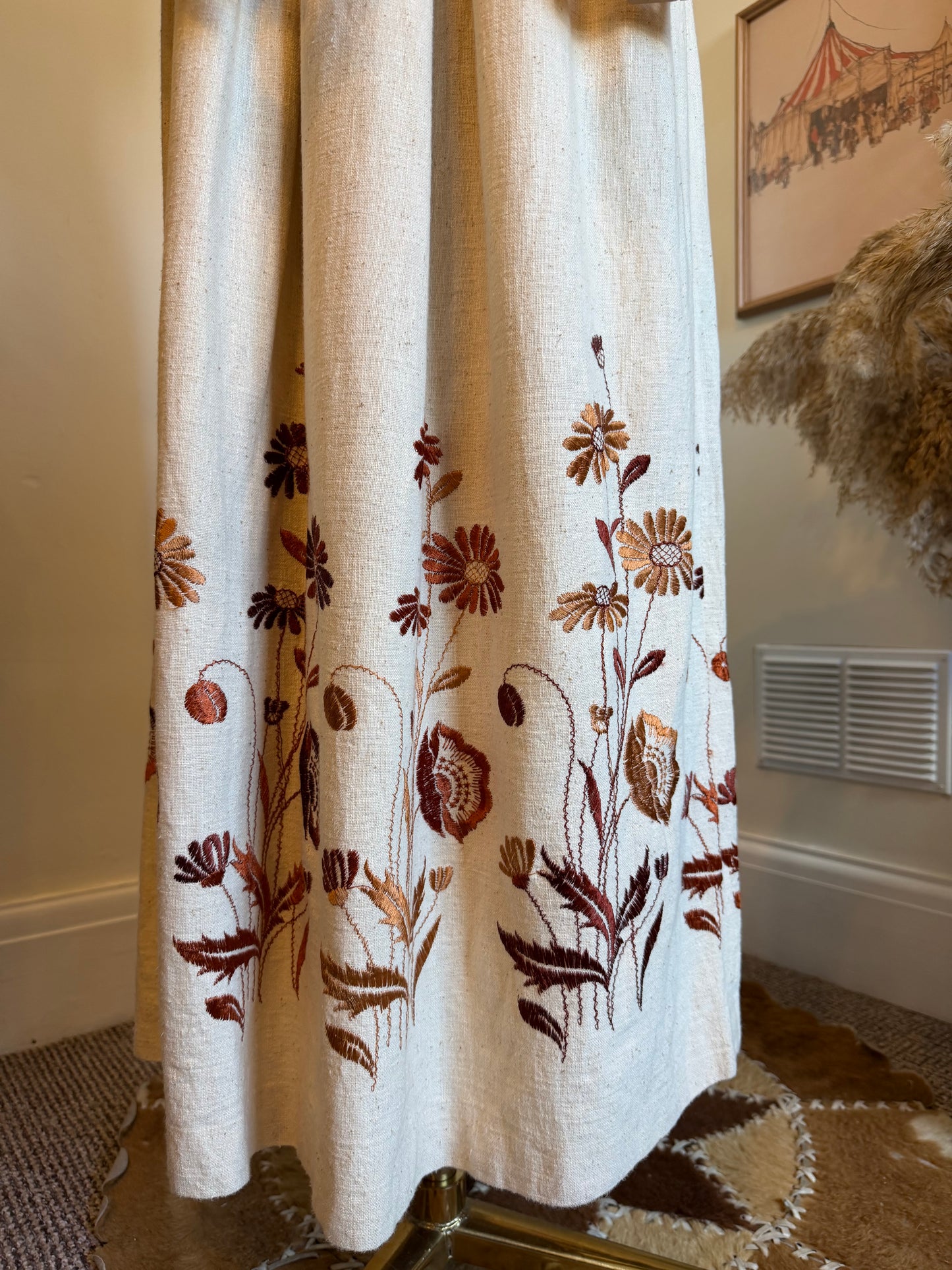 Vintage 1970s Hand Made Embroidered Linen Dress