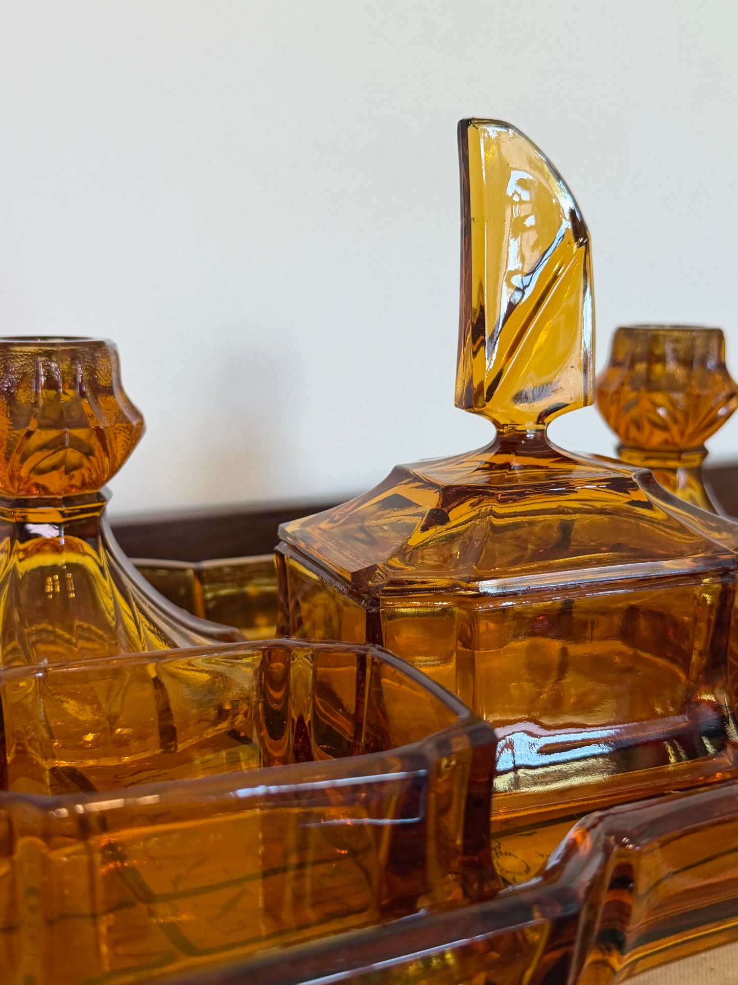 Vintage 1970s Amber Glass Dressing Table Vanity Set