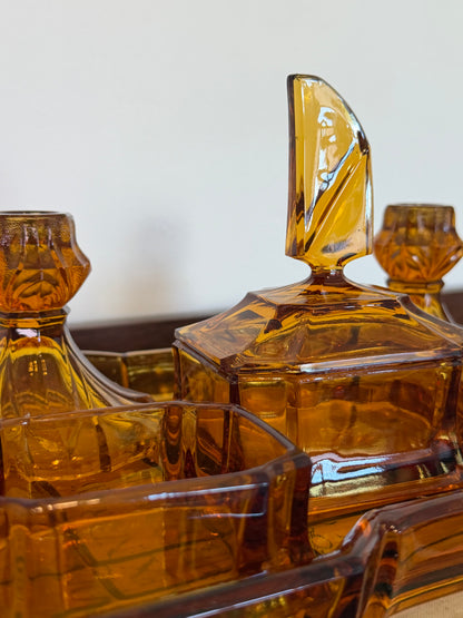 Vintage 1970s Amber Glass Dressing Table Vanity Set