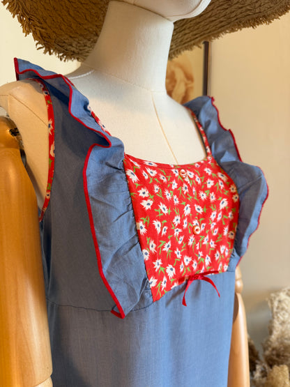 Vintage 1970s Prairie Ruffle Chambray & Floral Maxi Dress - Size Small/Medium