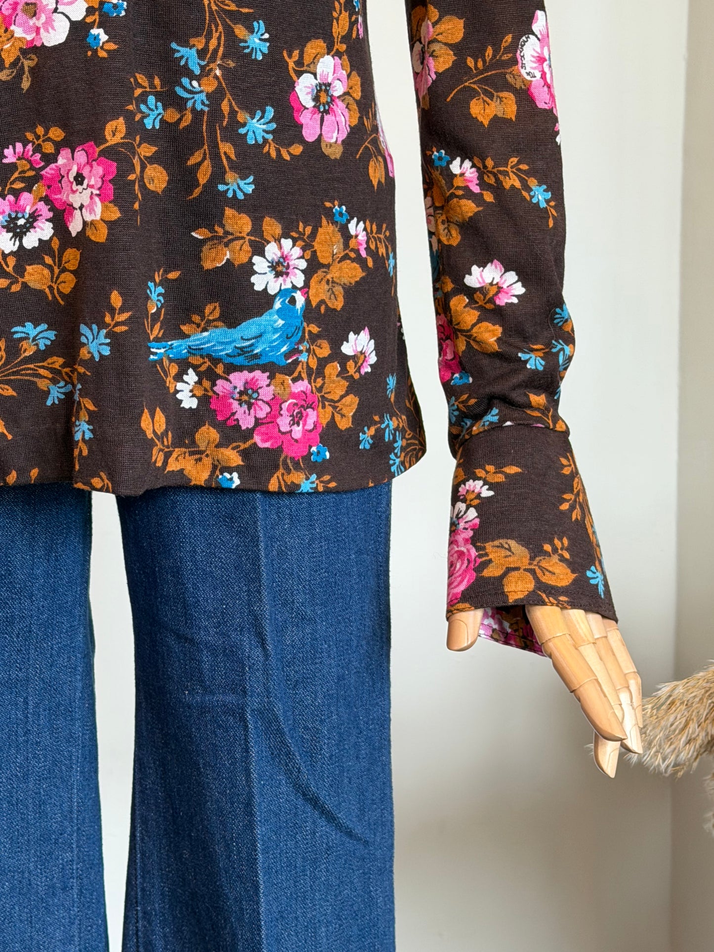 Vintage 1970s Chocolate Brown Floral Popover Shirt - Size Medium