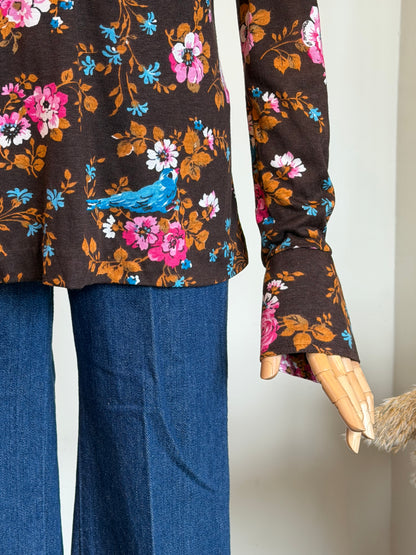 Vintage 1970s Chocolate Brown Floral Popover Shirt - Size Medium