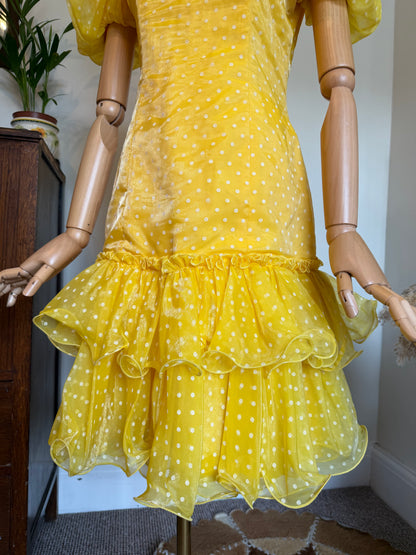 Vintage 1980s John Charles Yellow Polka Dot Ra Ra Dress - Size Small