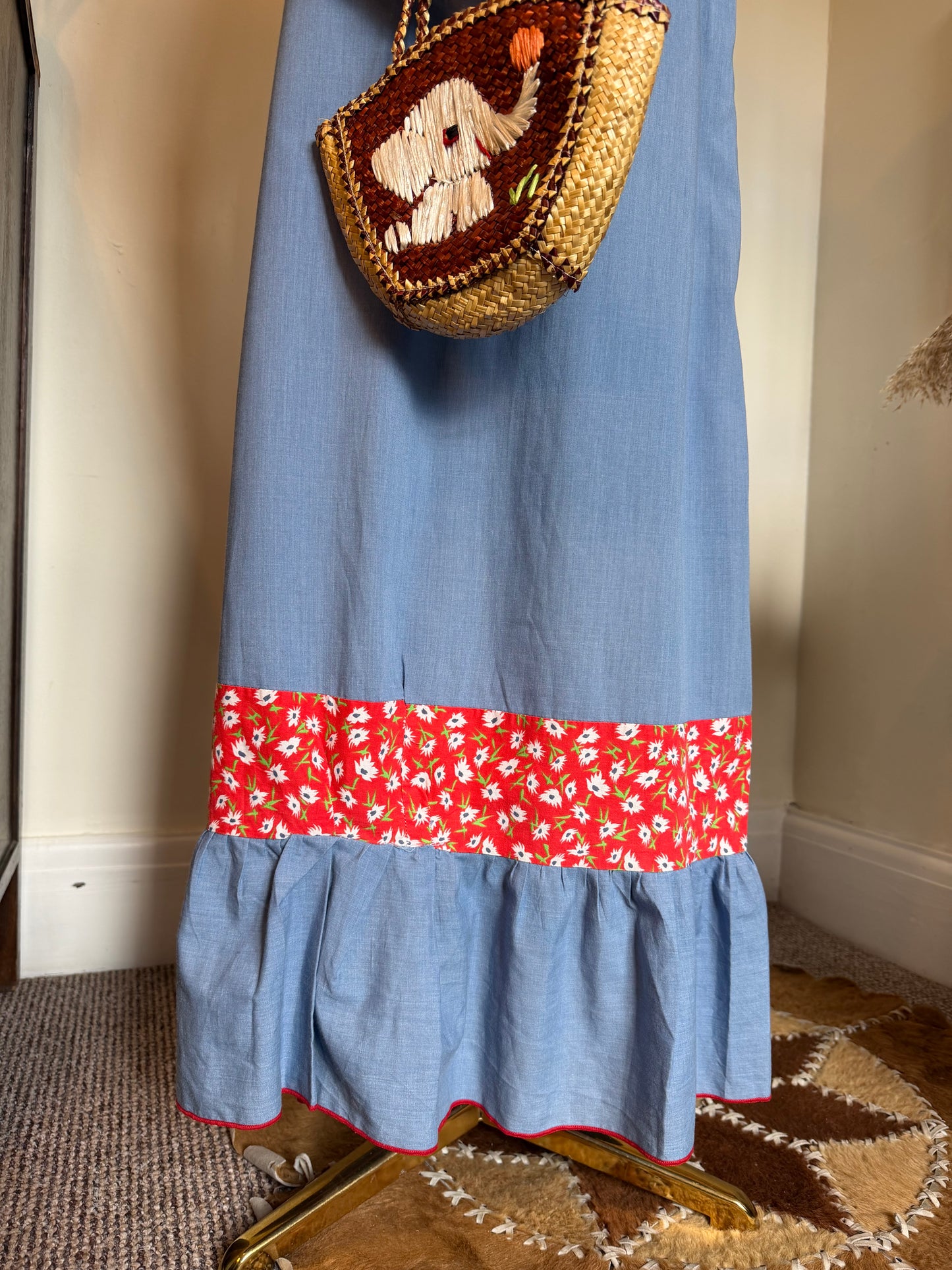 Vintage 1970s Prairie Ruffle Chambray & Floral Maxi Dress - Size Small/Medium