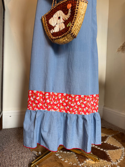 Vintage 1970s Prairie Ruffle Chambray & Floral Maxi Dress - Size Small/Medium