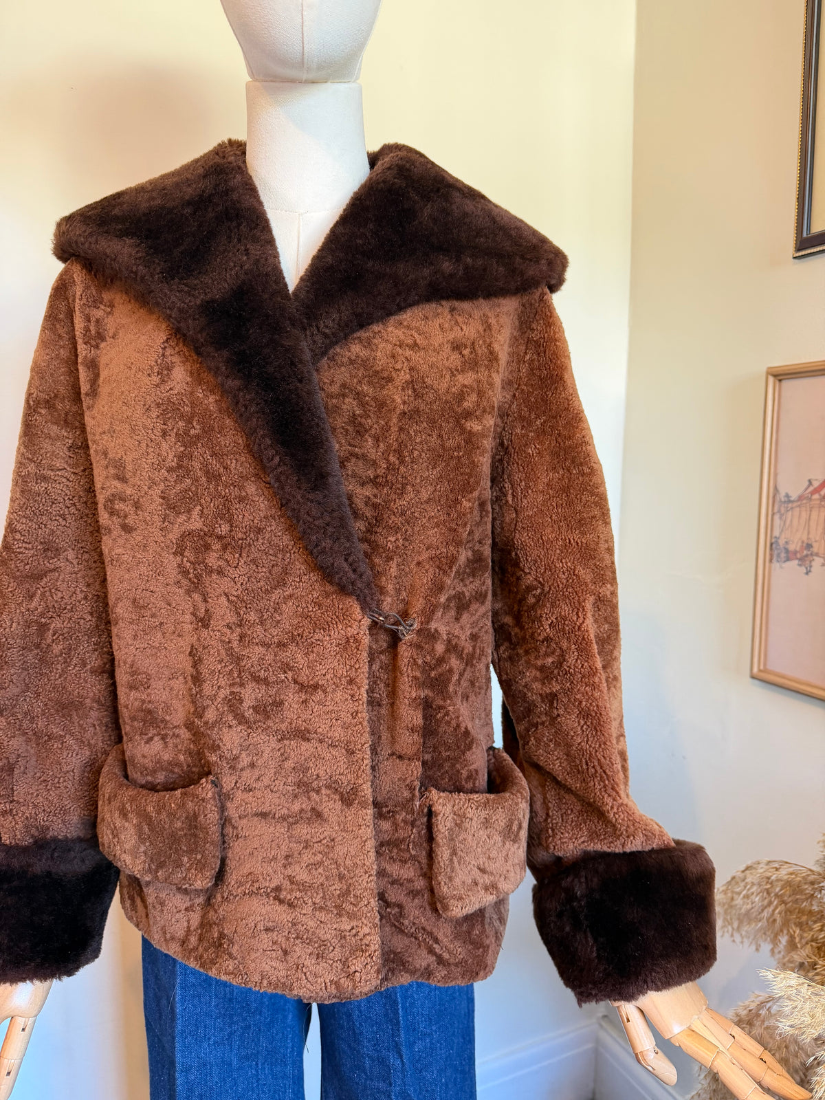 Vintage 1970s Chocolate Brown Sheepskin Collar and Cuff Jacket - Size Medium