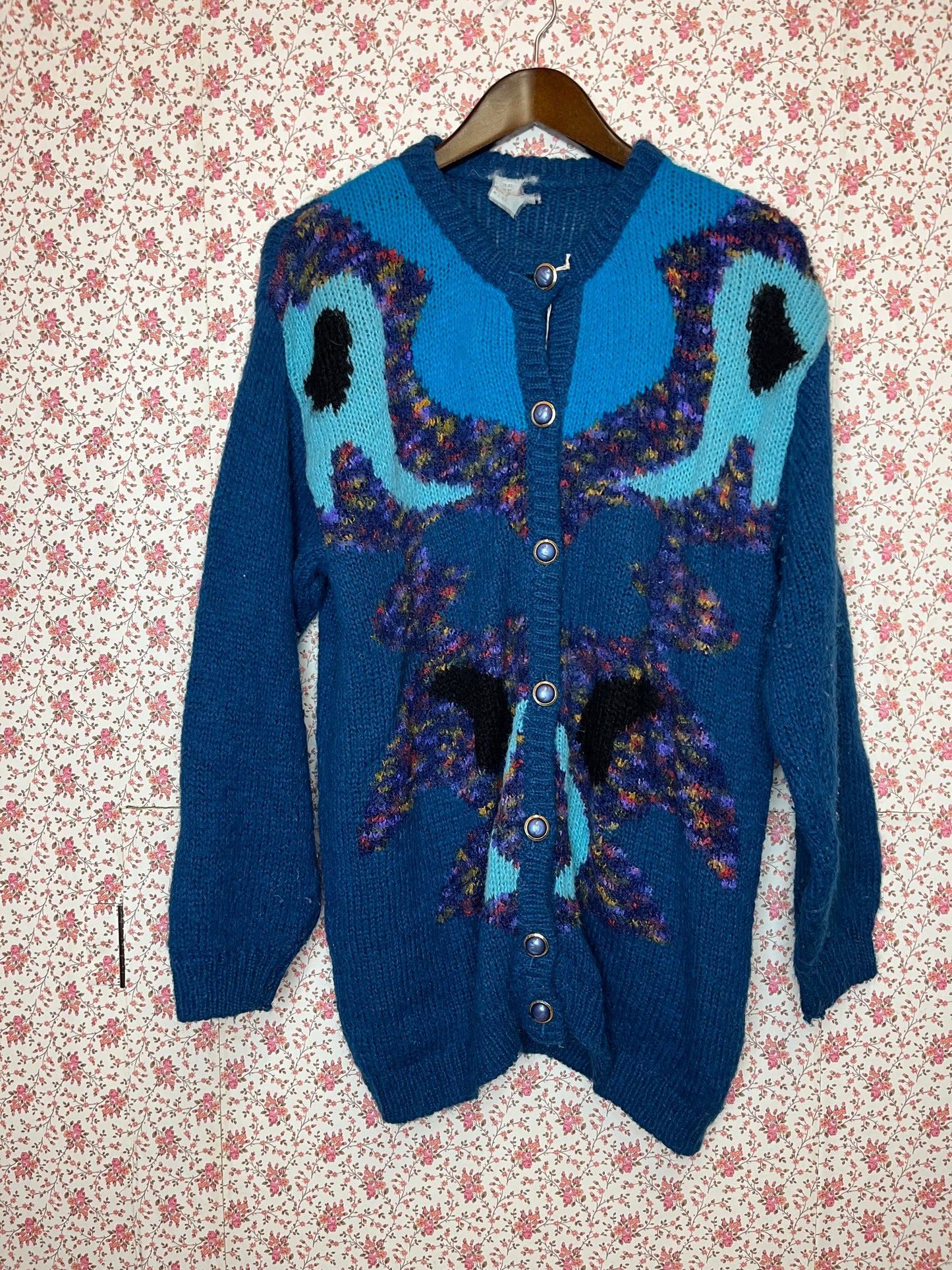 Vintage 1980s Abstract Pattern Blue and Multi Colour Knitted Cardigan