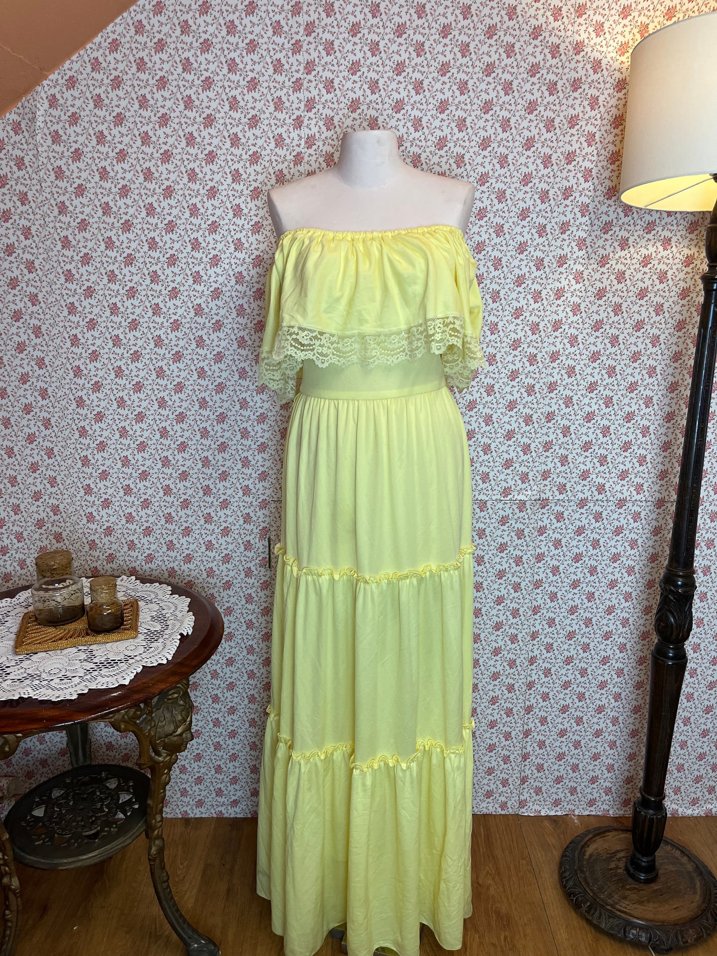 Vintage 1950s Nu-Made Yellow Bardot Tiered Maxi Dress