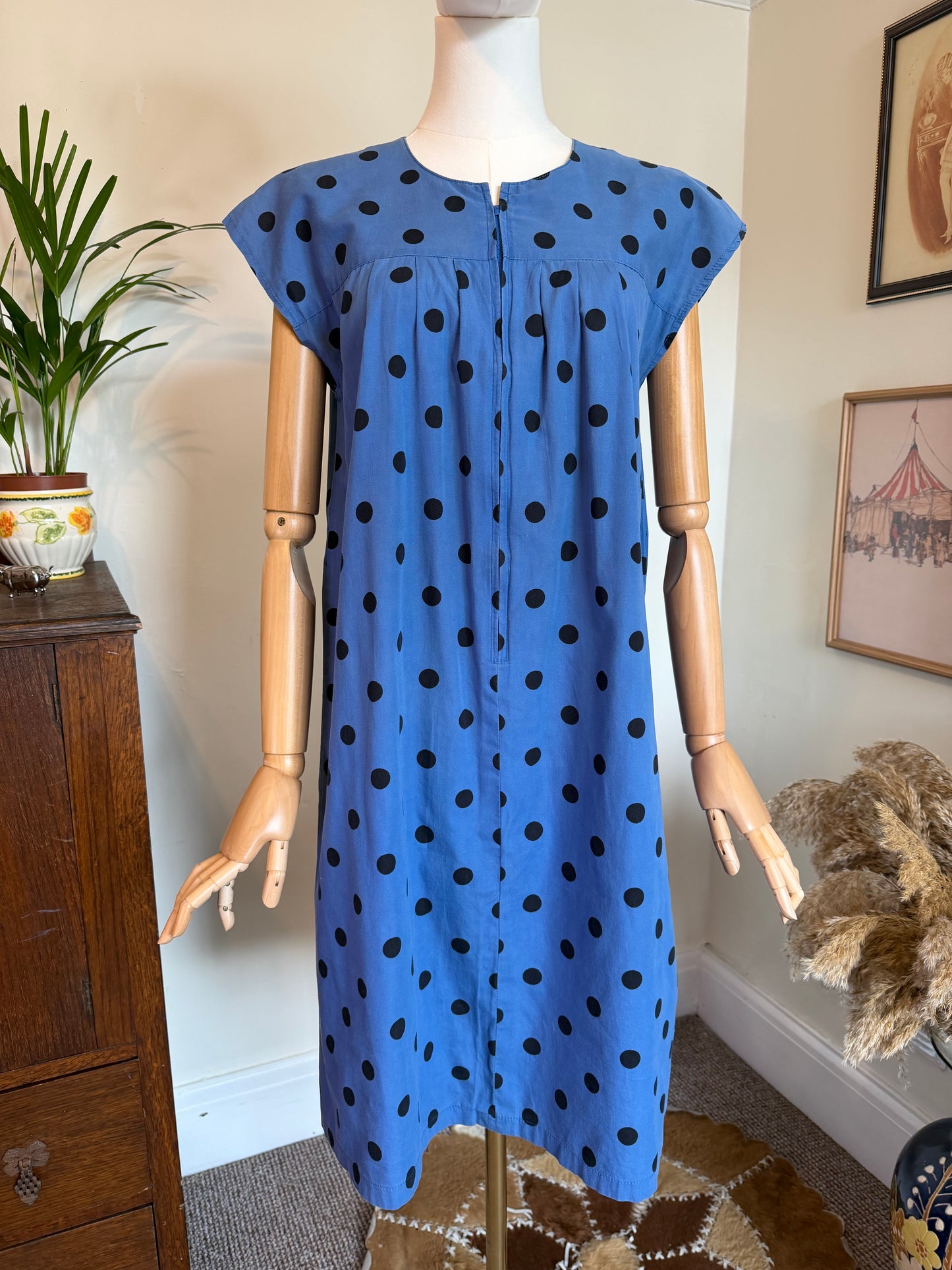 Vintage 1970s Polka Dot Workwear Shift Dress - Size Medium