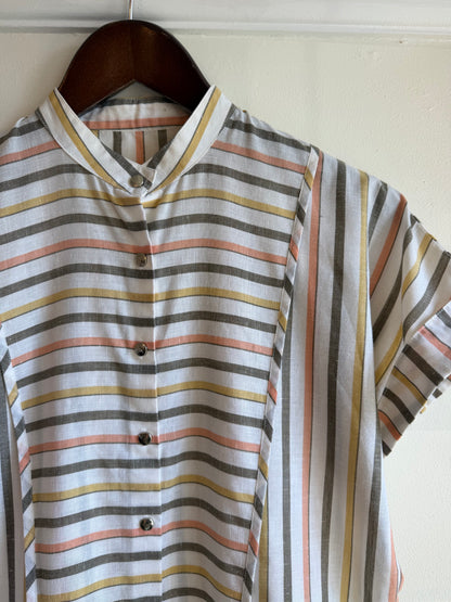 Vintage 1970s Pastel Stripe Mandarin Collar Button Front Blouse - Size Medium