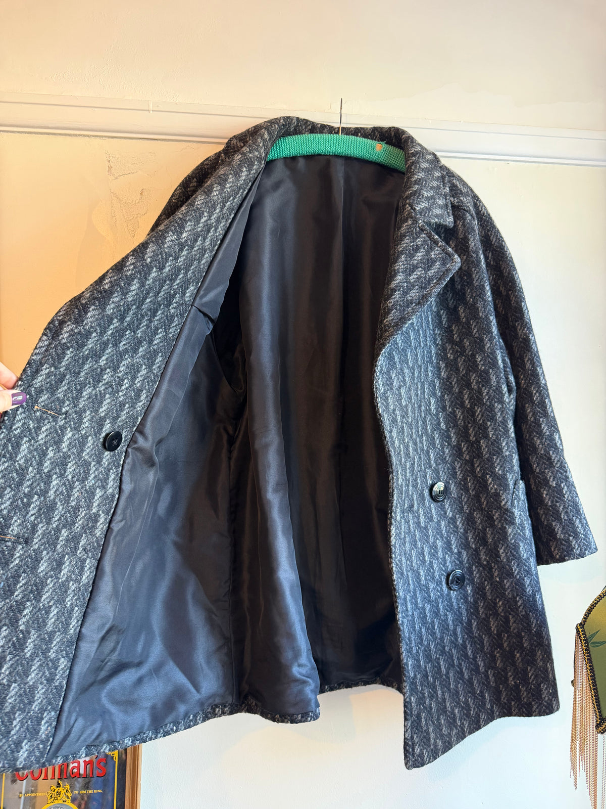Vintage 1980s St Michael Pure New Wool Grey Herringbone Double Breasted Coat - Size X Large