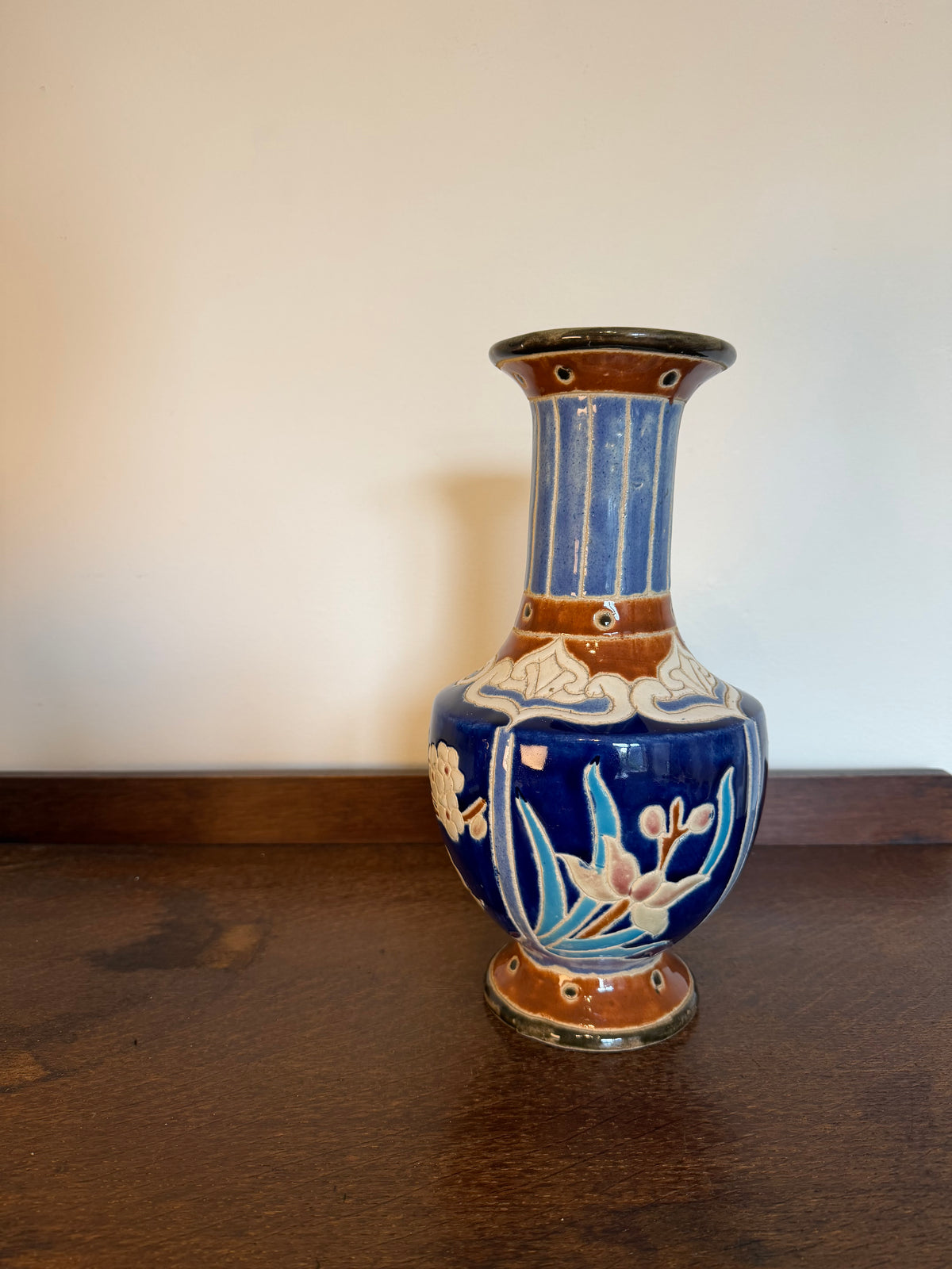 Vintage 1960s Japanese Style Blue Floral Glazed Ceramic Vase