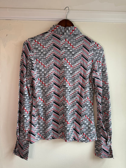 Vintage 1970s Red Black and White Geometric Print Long Sleeve Blouse - Size Small/Medium